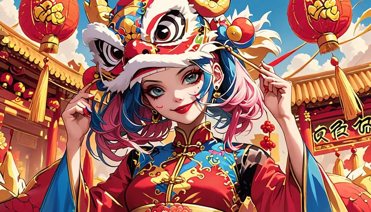 Beautiful Gorgeous Harley Quinn, standing in the middle of a Lunar New Year Festival, wearing traditional garb and a Dragon Mask