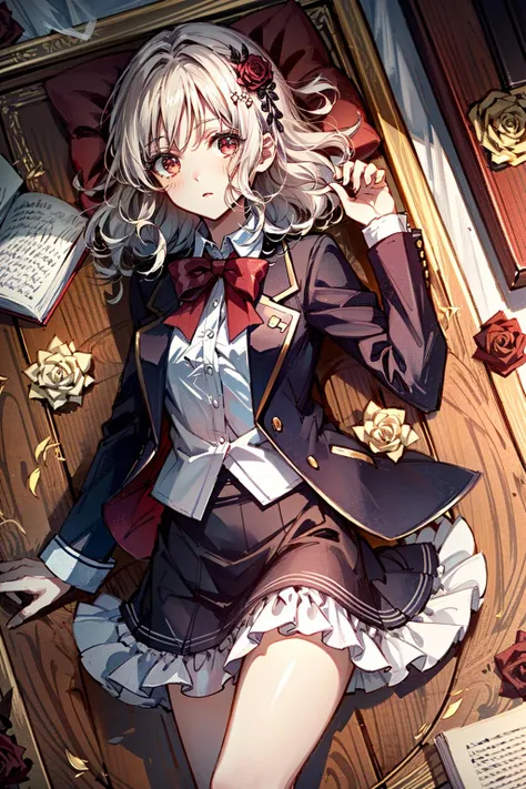 (masterpiece, best quality)
YuiDiabolikLovers, 1girl, solo, looking at viewer, short hair, bangs, skirt, blonde hair, shirt, hair ornament, long sleeves, bow, holding, closed mouth, school uniform, red eyes, jacket, white shirt, flower, white hair, cowboy shot, lying, frills, open clothes, hair flower, on back, bowtie, black skirt, medium hair, red bow, open jacket, black jacket, book, rose, from above, wavy hair, expressionless, blazer, frilled skirt, red flower, red bowtie, holding book, red rose, coffin
<lora:add_detail:0.7> <lora:YuiDiabolikLovers:0.9>