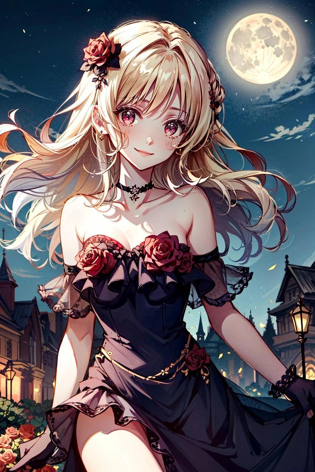 (masterpiece, best quality)
YuiDiabolikLovers, 1girl, solo, long hair, looking at viewer, smile, bangs, blonde hair, hair ornament, red eyes, gloves, dress, bare shoulders, closed mouth, collarbone, upper body, flower, outdoors, frills, sky, choker, black gloves, elbow gloves, hair flower, necklace, black dress, strapless, night, rose, moon, red flower, night sky, strapless dress, full moon, red rose
<lora:add_detail:0.7> <lora:YuiDiabolikLovers:0.9>