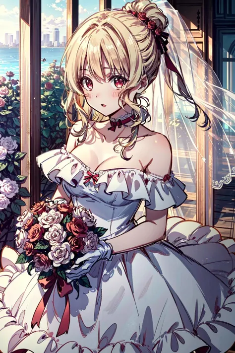 (masterpiece, best quality)
YuiDiabolikLovers, 1girl, solo, long hair, breasts, looking at viewer, open mouth, bangs, blonde hair, red eyes, gloves, dress, ribbon, holding, cleavage, medium breasts, standing, collarbone, ponytail, flower, short sleeves, sidelocks, outdoors, parted lips, choker, day, elbow gloves, white gloves, off shoulder, white dress, red ribbon, strapless, rose, high ponytail, red flower, pink sexy, dress, veil, strapless dress, red rose, bouquet, wedding dress, off-shoulder dress, long dress, bridal veil, red choker, ribbon choker, holding bouquet
 
