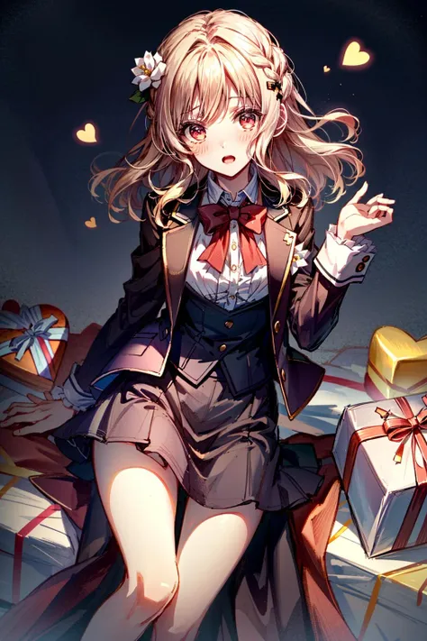 (masterpiece, best quality)
YuiDiabolikLovers, 1girl, solo, long hair, looking at viewer, blush, open mouth, bangs, skirt, blonde hair, simple background, shirt, hair ornament, red eyes, long sleeves, white background, bow, ribbon, holding, school uniform, jacket, white shirt, flower, heart, hair flower, bowtie, black skirt, red bow, black jacket, light brown hair, box, red bowtie, gift, valentine, gift box, holding gift, heart-shaped box
<lora:add_detail:0.7> <lora:YuiDiabolikLovers:0.9>
