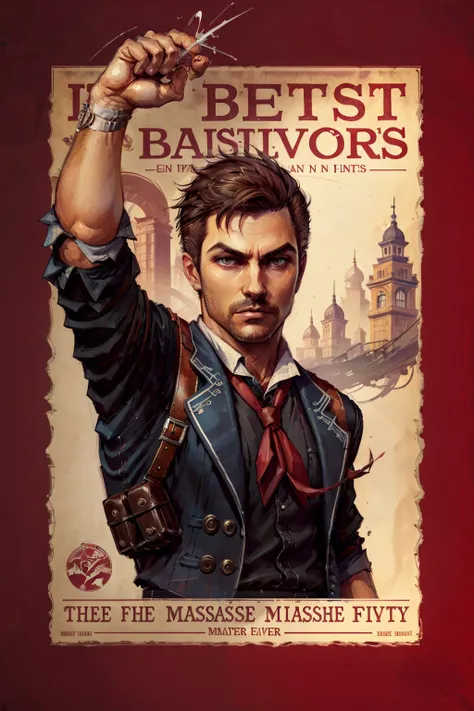 (masterpiece, best quality:1.2), <lora:booker_dewitt-20:0.7>, bookerBS_soul3142, solo, short hair, brown hair, shirt, 1boy, brown eyes, jacket, upper body, male focus, necktie, facial hair, poster