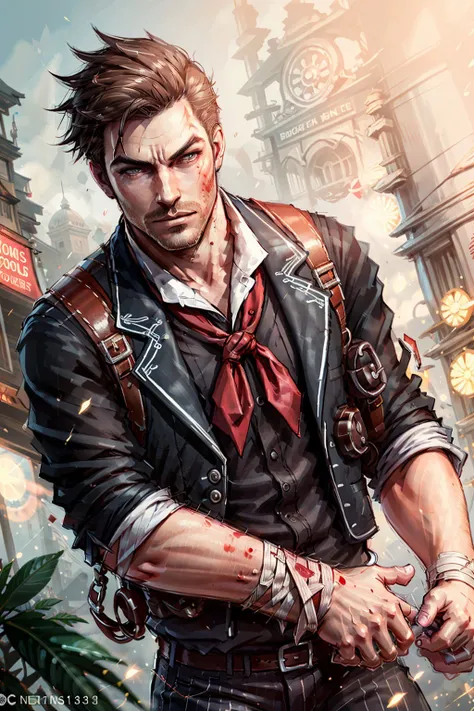 (masterpiece, best quality:1.2), <lora:booker_dewitt-20:0.7>, bookerBS_soul3142, solo, brown hair, 1boy, male focus, sketch, blood, facial hair, bandages, stubble