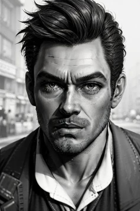 (masterpiece, best quality:1.2), <lora:booker_dewitt-20:0.6>, bookerBS_soul3142, 1boy, monochrome, greyscale, facial hair, realistic, stubble