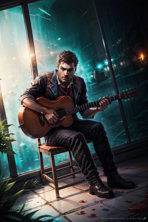 (masterpiece, best quality:1.2), <lora:booker_dewitt-18:0.7>, bookerBS_soul3142, 1boy, sitting, guitar, boots, facial hair, glass wall, underwater, realistic