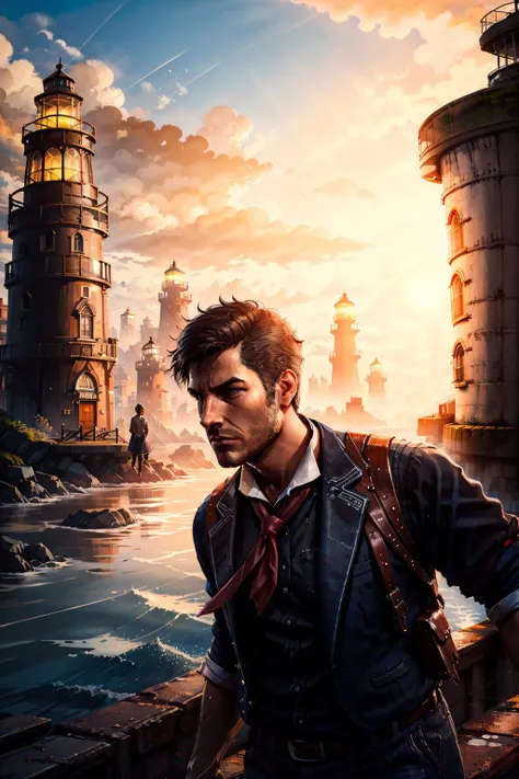 (masterpiece, best quality:1.2), <lora:booker_dewitt-20:0.7>, bookerBS_soul3142, solo, 1boy, male focus, necktie, sky, cloud, scenery, sunset, city, lighthouse