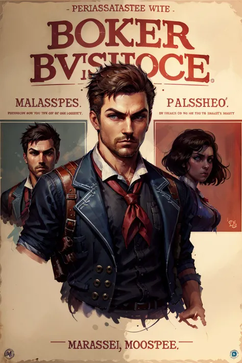 (masterpiece, best quality:1.2), <lora:booker_dewitt-20:0.7>, bookerBS_soul3142, solo, short hair, brown hair, shirt, 1boy, brown eyes, jacket, upper body, male focus, necktie, facial hair, poster