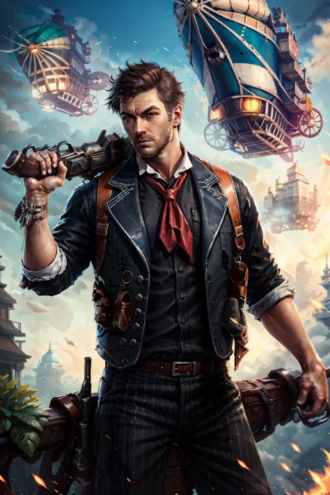 (masterpiece, best quality:1.2),   <lora:booker_dewitt-20:0.7>, bookerBS_soul3142, solo, brown hair, 1boy, jacket, weapon, male focus, necktie, striped, vest, gun, facial hair, beard, aircraft, airship