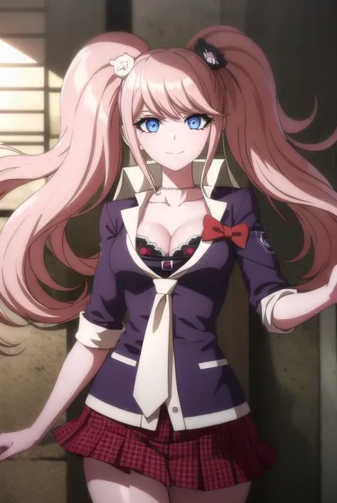 junkoenoshima, junko enoshima, long hair, bangs, blue eyes, pink hair, hair ornament, twintails, bear hair ornament, smile, grin,
BREAK skirt, shirt, bow, cleavage, underwear, collarbone, necktie, choker, bra, red bow, black bra, sleeves rolled up, red skirt,
BREAK outdoors, classroom,
BREAK looking at viewer, (cowboy shot:1.5),
BREAK (masterpiece:1.2), best quality, high resolution, unity 8k wallpaper, (illustration:0.8), (beautiful detailed eyes:1.6), extremely detailed face, perfect lighting, extremely detailed CG, (perfect hands, perfect anatomy),