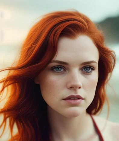 sadiesstanley (sharp focus:1.2), photo, (beautiful face:1.1), detailed eyes, luscious lips, (red hair), wearing (bikini:1.2) on a (beach:1.2). (moody lighting:1.2), depth of field, bokeh, 4K, HDR. by (James C. Christensen:1.2|Jeremy Lipking:1.1).