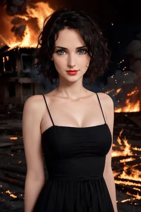 photo of <lora:winona-10:0.7>, winona, a woman with ((pale skin, black hair):1.3), ((cowboy shot, waist, hips, thighs):1.2),(beautiful skin, perfect skin), ((beautiful pattern sundress):1.2), ((standing, outdoors, burning neighborhood, homes, fire, explosions):1.2),((red lipstick, eyeliner, full makeup, eye shadow):1.2),((best quality, masterpiece, extreme details):1.2) ((detailed face, beautiful face, detailed eyes, beautiful eyes):1.2),modelshoot style, (extremely detailed CG unity 8k wallpaper), photo of the most beautiful artwork in the world, , professional majestic (photography by Steve McCurry), 8k uhd, dslr, soft lighting, high quality, film grain, Fujifilm XT3 sharp focus, f 5.6, High Detail, Sharp focus, dramatic
