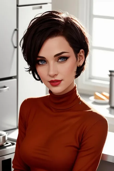 photo of <lora:winona-07:0.7>, a woman, ((short hair, pixie cut, black hair)), ((closeup, portrait):1.2), ((kitchen, making dinner, sunshine):1.3),((lipstick, eyeliner, eye shadow)), ((classy clothing, turtleneck sweater dress, fifties dress, 50s pinup dress, fully clothed)), ((best quality, masterpiece, extreme details):1.2), ((beautiful eyes, detailed eyes, detailed face, beautiful face):1.2), straight-on,upper body,looking at viewer