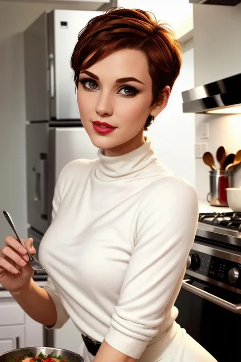 photo of <lora:winona-07:0.7>, a woman, ((short hair, pixie cut)), ((closeup, portrait):1.2), ((kitchen, making dinner, sunshine):1.3),((lipstick, eyeliner, eye shadow)), ((classy clothing, turtleneck sweater dress, fifties dress, 50s pinup dress, fully clothed)), ((best quality, masterpiece, extreme details):1.2), ((beautiful eyes, detailed eyes, detailed face, beautiful face):1.2), straight-on,upper body,looking at viewer