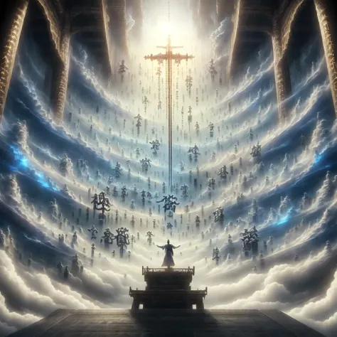 cloud, lightning, cloudy_sky, sky, sceneryï¼Golden sword.A group of heavenly soldiers and generals,
Swinging the long sword, energy sword, energy burst, the sword soul behind it <lora:r1ge - AnimeRage:0.3> r1ge <lora:DonMF43:0.3> <lora:hologram02:0.3> <lora:aki:0.5> <lora:tianshu:0.8>