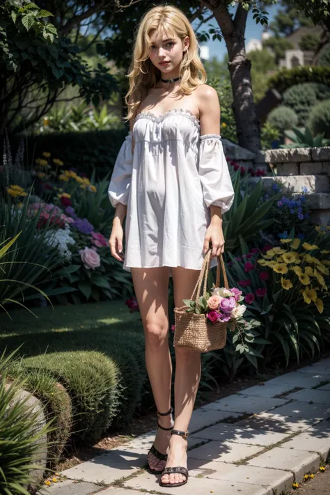 1 girl, solo, American British woman, Old woman, full body,is taking a leisurely stroll on a sunny day. She’s dressed in a light summer dress, the fabric fluttering around her legs as she walks. Her crimped, two-tone hair is left loose, bouncing with each step she takes. She’s walking down a tree-lined street, her face turned towards the sun, , (((50 years old woman))), (mother), (((wrinkles))), ((blonde)),(((Large clothed))), ((fair pale skin)), ((curvy body)), ((huge boobs),((American women)), ((big plump lips)), ((small lean waist)), ((long hair)),
