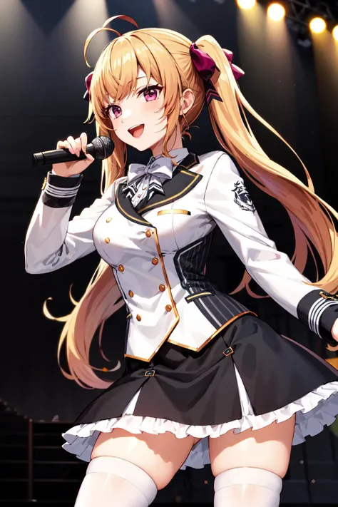 masterpiece, best quality, highres, hmtr, twintails, ahoge, hair bow, red bow, collared shirt, white jacket, white bow, long sleeves, frills, medium breasts, black skirt, white thighhighs, <lora:takamiya_rion_v1:0.7>, standing, cowboy shot, holding microphone, stage, smile, open mouth,