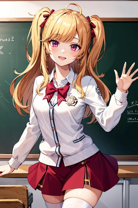 masterpiece, best quality, highres, hmtr, two side up, long hair, ahoge, hair ribbon, red ribbon, earrings, jewelry, red bowtie, white cardigan, medium breasts, long sleeves, red skirt, thighhighs, <lora:takamiya_rion_v1:0.7>, waving, smile, classroom, chalkboard,