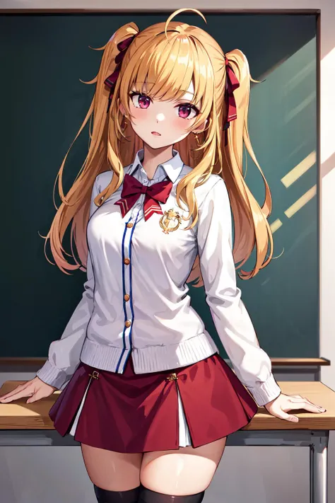 masterpiece, best quality, highres, hmtr, two side up, long hair, ahoge, hair ribbon, red ribbon, earrings, jewelry, red bowtie, white cardigan, medium breasts, long sleeves, red skirt, thighhighs, <lora:takamiya_rion_v1:0.7>, classroom, standing, cowboy shot, arms at sides, straight-on,