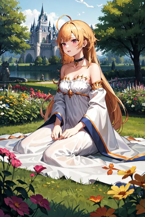 masterpiece, best quality, highres, hmtr, long hair, ahoge, collarbone, choker, white dress, bare shoulders, strapless dress, medium breasts, wide sleeves, long sleeves, <lora:takamiya_rion_v1:0.7>, garden, castle, looking to the side,