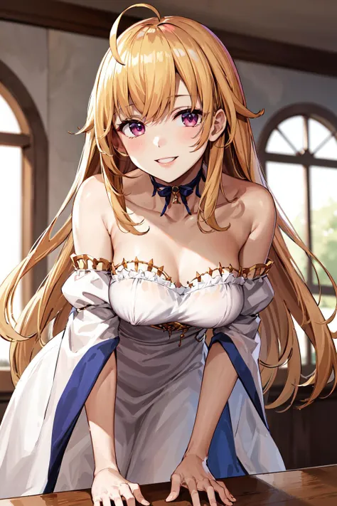 masterpiece, best quality, highres, hmtr, long hair, ahoge, collarbone, choker, white dress, bare shoulders, strapless dress, medium breasts, wide sleeves, long sleeves, <lora:takamiya_rion_v1:0.7>, leaning forward, indoors, smile,