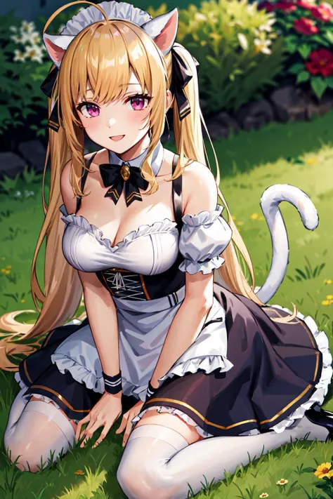 masterpiece, best quality, highres, hmtr, twintails, ahoge, maid headdress, animal ears, hair ribbon, black ribbon, cat tail, cleavage, black bowtie, maid, black dress, short sleeves, detached sleeves, bare shoulders, wrist cuffs, white apron, black thighhighs, <lora:takamiya_rion_v1:0.7>, grass. garden. wariza, smile
