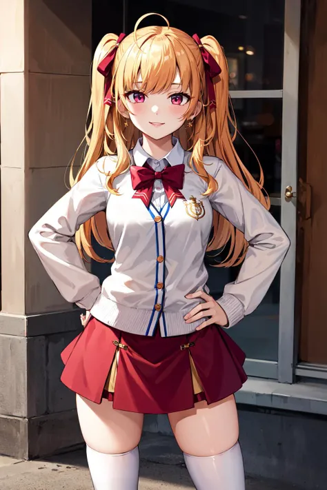masterpiece, best quality, highres, hmtr, two side up, long hair, ahoge, hair ribbon, red ribbon, earrings, jewelry, red bowtie, white cardigan, medium breasts, long sleeves, red skirt, thighhighs, <lora:takamiya_rion_v1:0.7>, smile, outdoor, hand on hip,