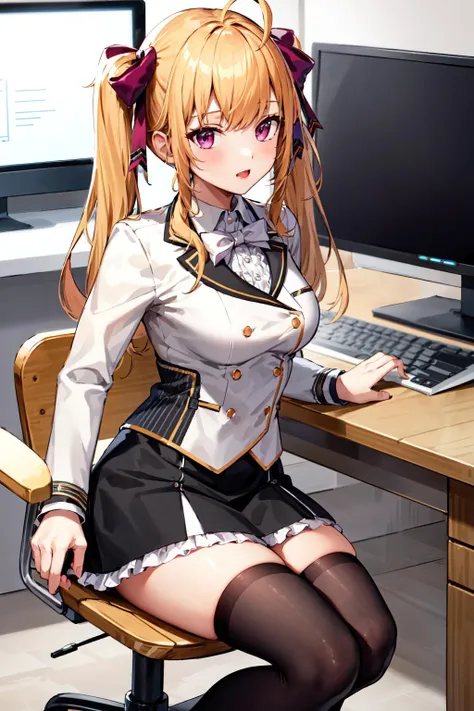 masterpiece, best quality, highres, hmtr, twintails, ahoge, hair bow, red bow, collared shirt, white jacket, white bow, long sleeves, frills, medium breasts, black skirt, white thighhighs, <lora:takamiya_rion_v1:0.7>, sitting, indoors, computer, monitor, keyboard \(computer\), room, desk, (chair:1.2),