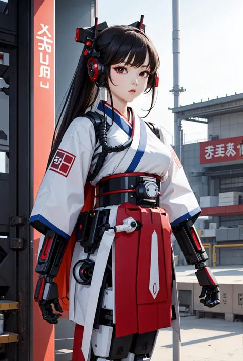 best quality, high_resolution, distinct_image, detailed background ,hanbok,fused robot,girl,holding weapon,mecha musume:0.5, in factory,exoskeleton,