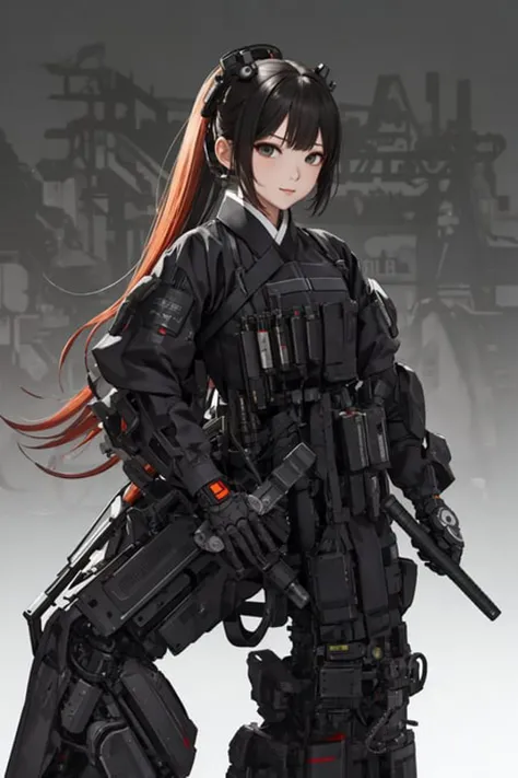 best quality, high_resolution,girl,hanbok,mechanical arms, techwear, holding weapon,detailed background,