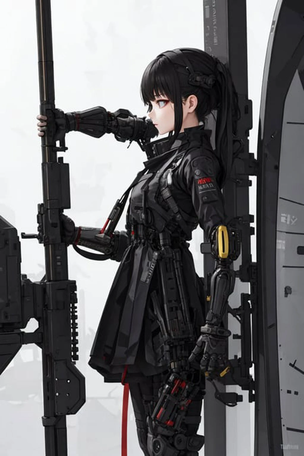 best quality, high_resolution,girl,hanbok,mechanical arms, techwear, holding weapon,detailed background,