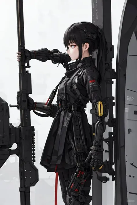 best quality, high_resolution,girl,hanbok,mechanical arms, techwear, holding weapon,detailed background,