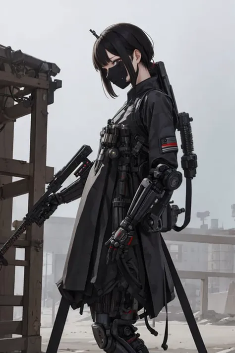 best quality, high_resolution,girl,hanbok,mechanical arms, techwear, holding weapon,detailed background,