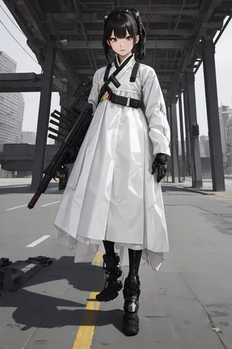best quality, high_resolution,girl,hanbok,mechanical arms, techwear, holding weapon,detailed background,
