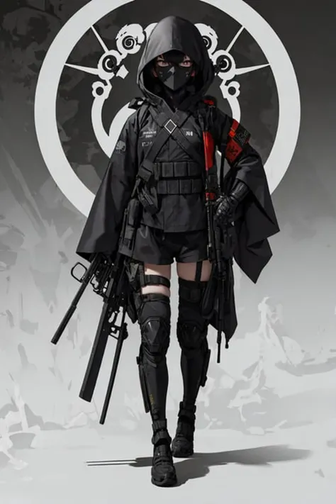 best quality, high_resolution,girl,kimono, techwear, skull,holding weapon,detailed background,