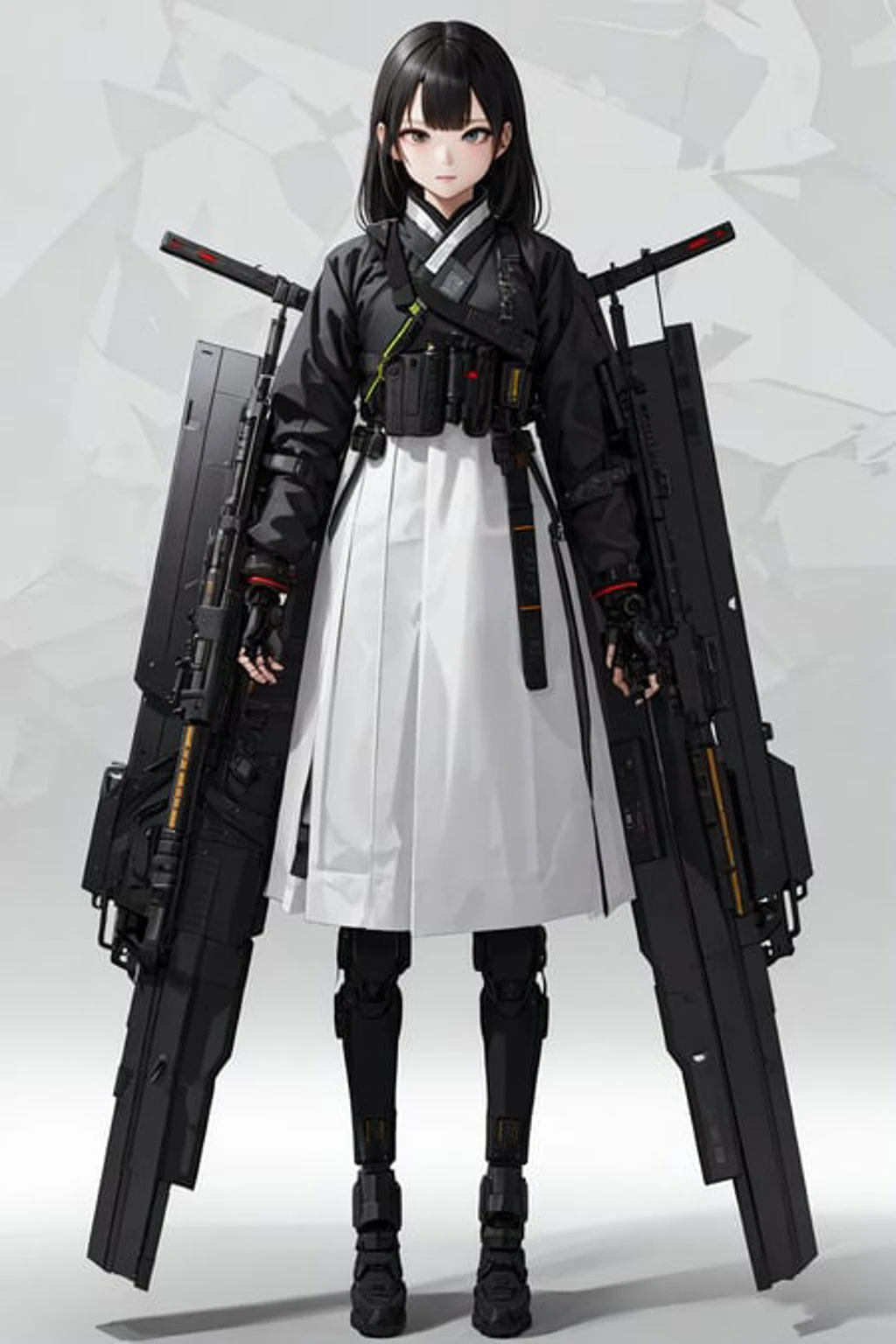 best quality, high_resolution,girl,hanbok,mechanical arms, techwear, holding weapon,detailed background,