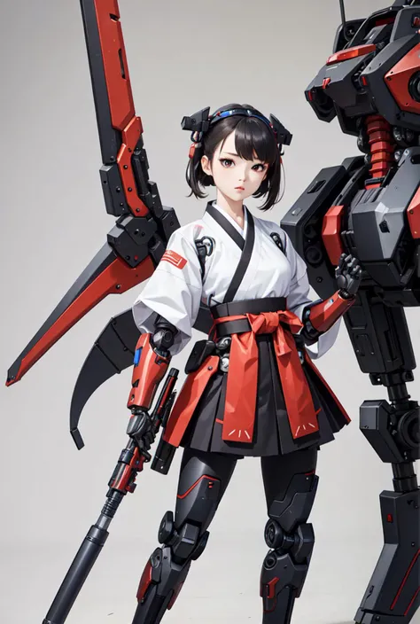 best quality, high_resolution, distinct_image, detailed background ,hanbok,fused robot,girl,holding weapon,mecha musume:0.5, in factory,exoskeleton,