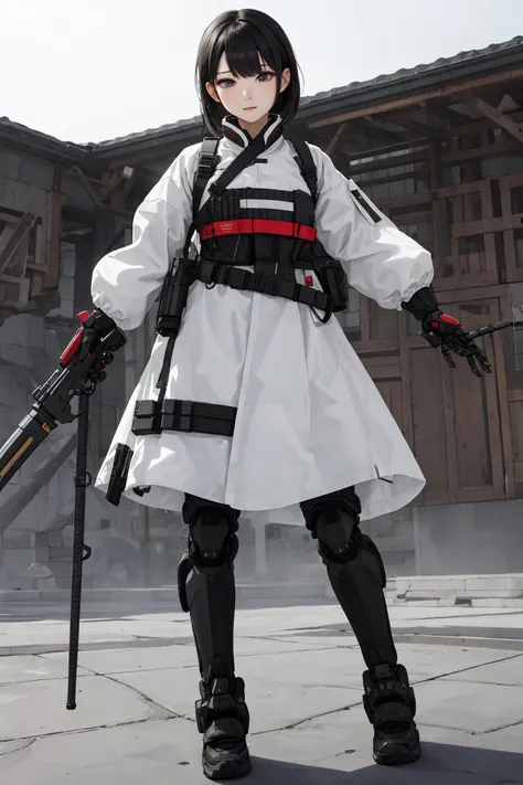 best quality, high_resolution,girl,hanbok,mechanical arms, techwear, holding weapon,detailed background,