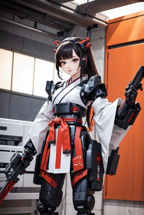 best quality, high_resolution, distinct_image, detailed background ,hanbok,fused robot,girl,holding weapon,mecha musume:0.5, in factory,exoskeleton,