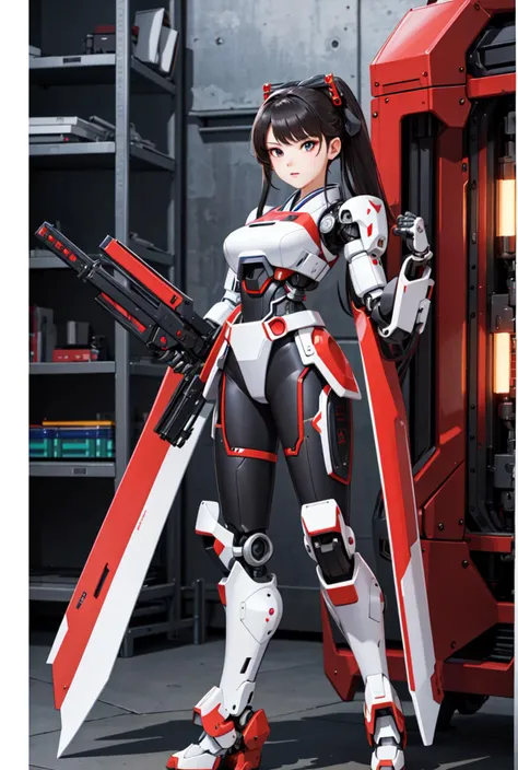 best quality, high_resolution, distinct_image, detailed background ,hanbok,fused robot,girl,holding weapon,mecha musume:0.5, in factory,exoskeleton,