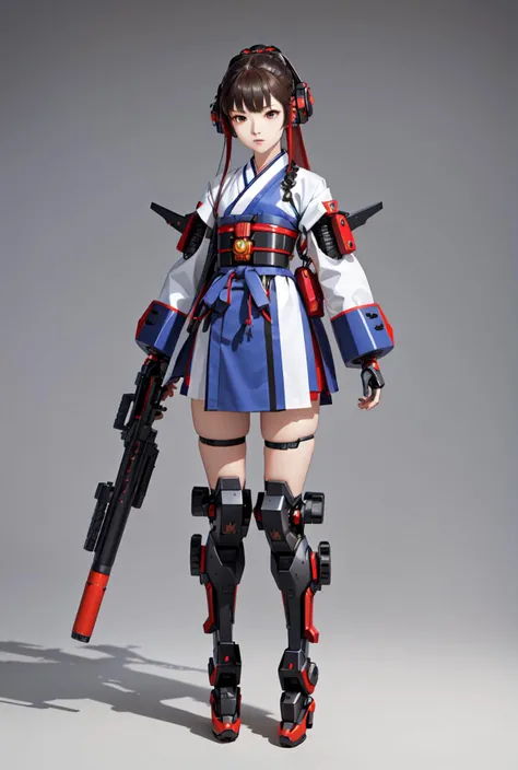 best quality, high_resolution, distinct_image, detailed background ,hanbok,fused robot,girl,holding weapon,mecha musume:0.5, in factory,exoskeleton,