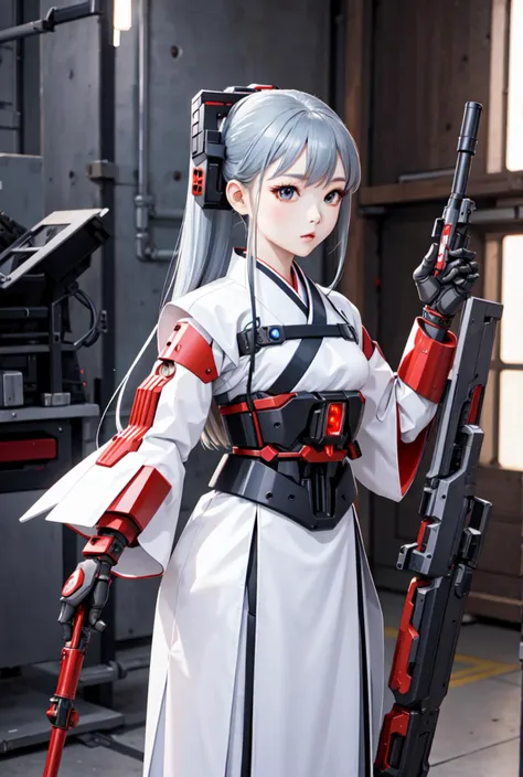 best quality, high_resolution, distinct_image, detailed background ,hanbok,fused robot,girl,holding weapon,mecha musume:0.5, in factory,exoskeleton,