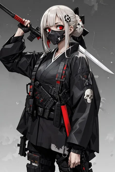 best quality, high_resolution,girl,kimono techwear, skull bone, guro girl, zombie,holding weapon,detailed background,