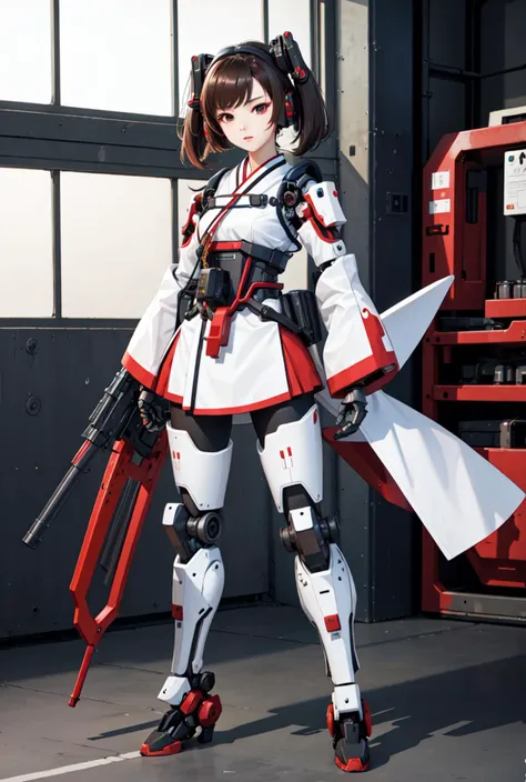 best quality, high_resolution, distinct_image, detailed background ,hanbok,fused robot,girl,holding weapon,mecha musume:0.5, in factory,exoskeleton,