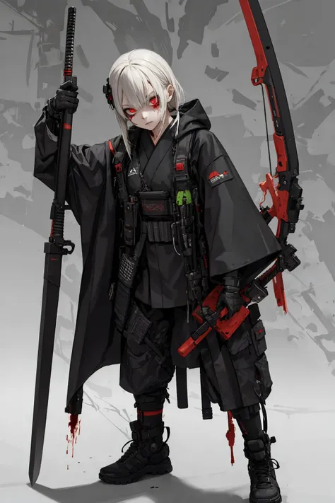 best quality, high_resolution,girl,kimono techwear, guro_bone girl, zombie,holding weapon,detailed background,