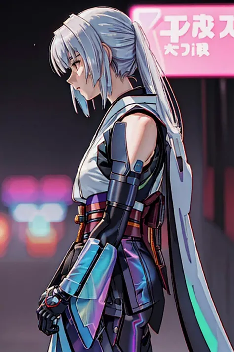 best quality, high_resolution, girl, long hair,(sleeveless kimono:1.3),emotionless,mechanical arms, ghost in the shell cyborg ,(holographic:1.2),techwear,(chromatic aberration:1.2),(depth of field:1.3),(closeup:1.4), (sideview:1.2),looking at viewer,(upperbody:1.4),detailed background, neon lights, night club japan, cyberpunk, (nighttime:1.5),  <lora:epiNoiseoffset_v2:0.4>  <lora:evangelion1995Style_v1:0.7> <lora:urushi_satoV7:0.4>