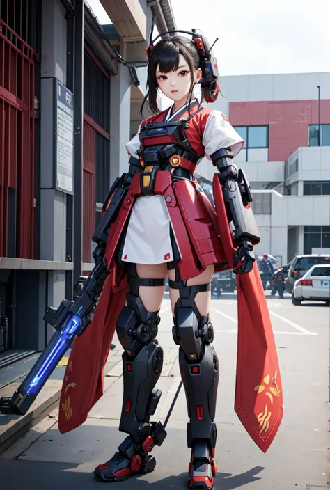 best quality, high_resolution, distinct_image, detailed background ,hanbok,fused robot,girl,holding weapon,mecha musume:0.5, in factory,exoskeleton,