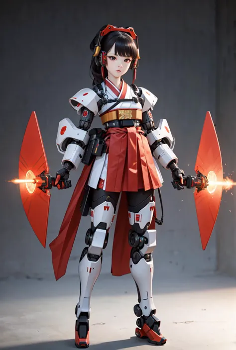 best quality, high_resolution, distinct_image, detailed background ,hanbok,fused robot,girl,holding weapon,mecha musume:0.5, in factory,exoskeleton,