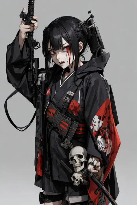 best quality, high_resolution,girl,kimono techwear, skull bone, guro girl, zombie,holding weapon,detailed background,