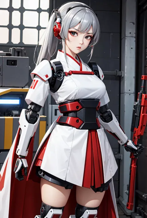 best quality, high_resolution, distinct_image, detailed background ,hanbok,fused robot,girl,holding weapon,mecha musume:0.5, in factory,exoskeleton,