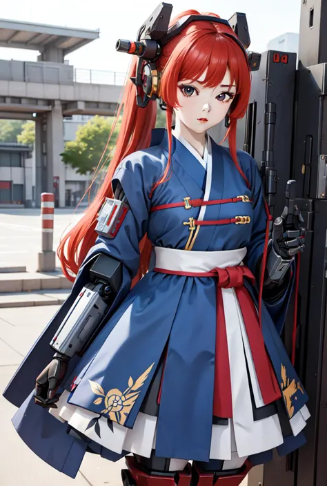 best quality, high_resolution, distinct_image, detailed background ,hanbok,fused robot,girl,holding weapon,mecha musume:0.5, in factory,exoskeleton,